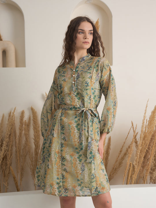 Green Floral Printed Round Neck Dress with inner