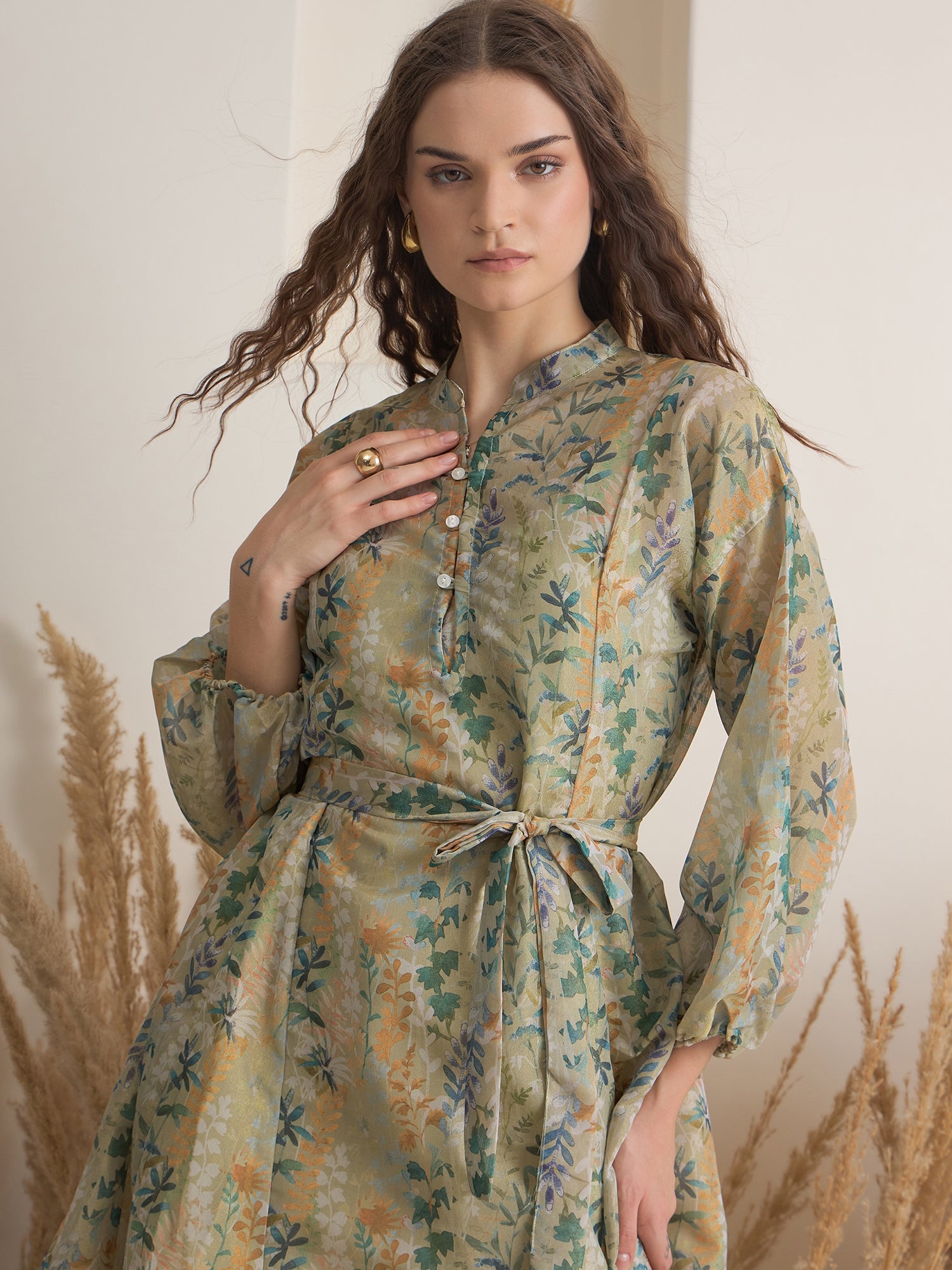 Green Floral Printed Round Neck Dress with inner