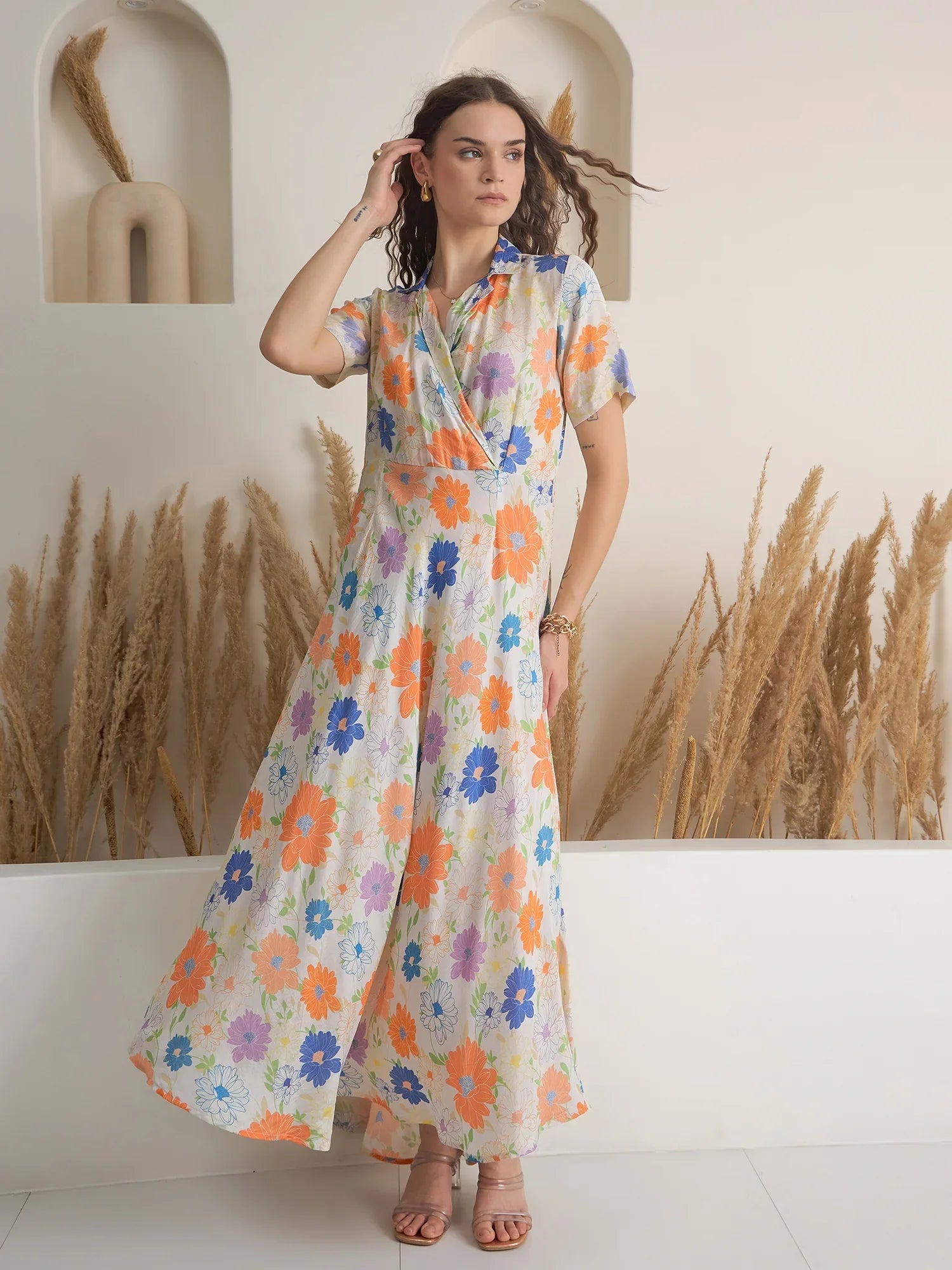 rayon dresses for women White / XS Off White Floral Printed Viscose Rayon Dress For Women