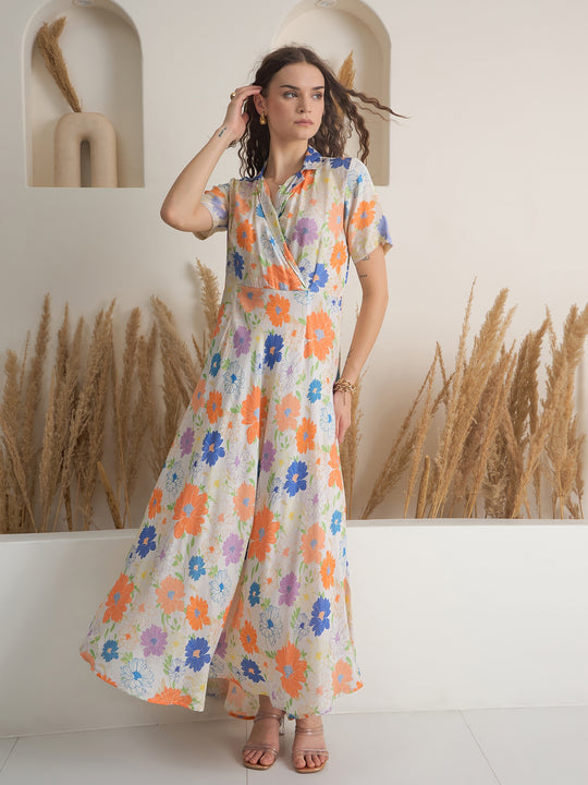 Off White Floral Printed Viscose Rayon Dress for Women