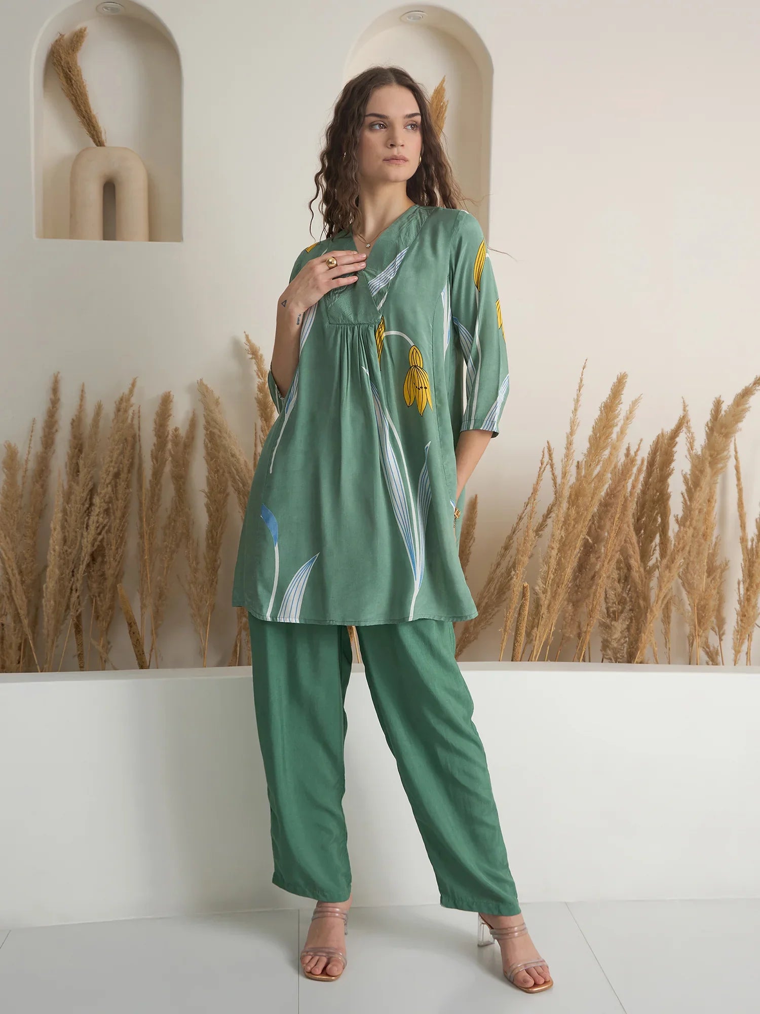Green Color V-Neck Cotton Printed Co-Ords Set For Women