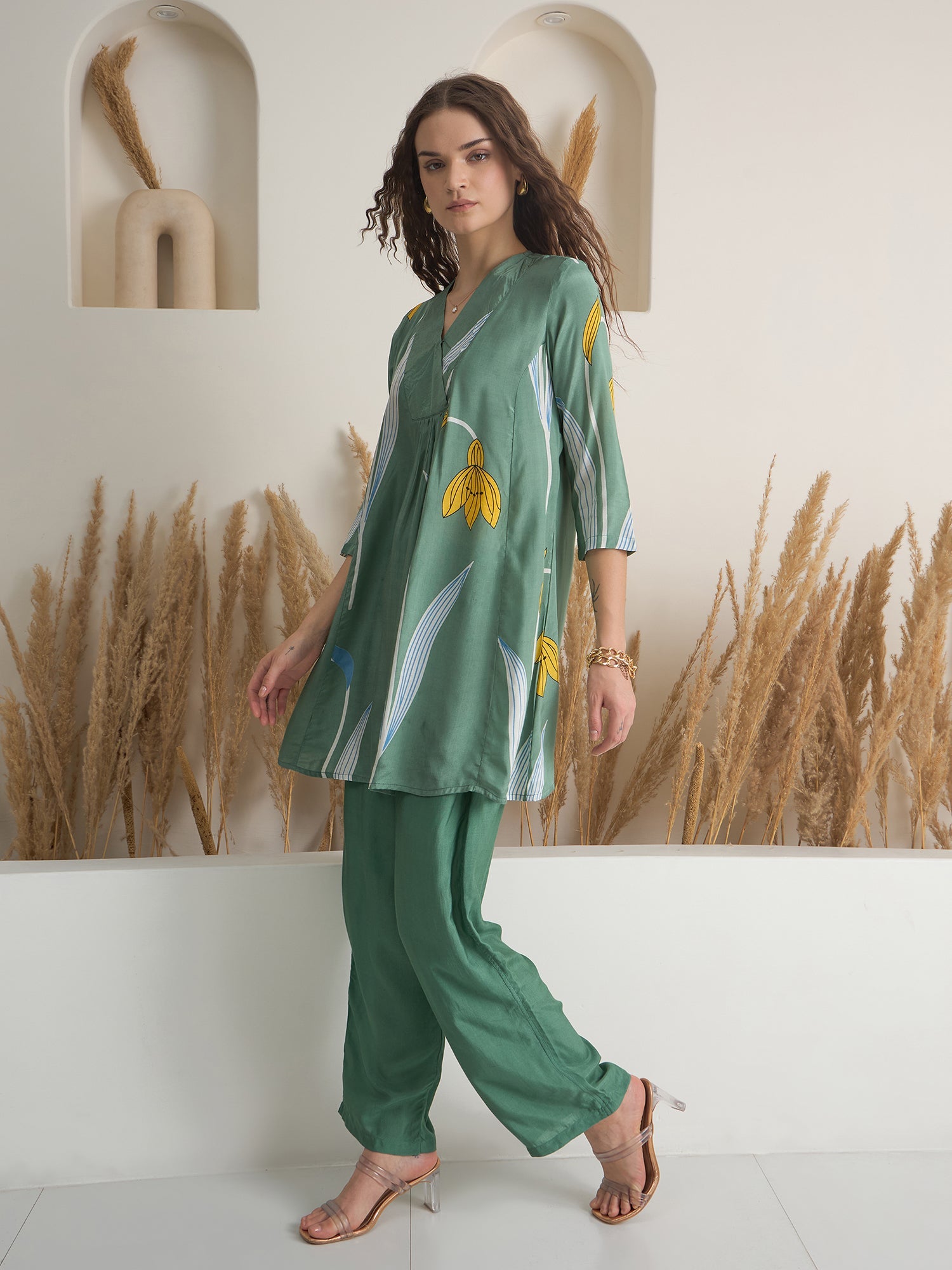 Green Color V-Neck Cotton Printed Co-Ords Set For Women