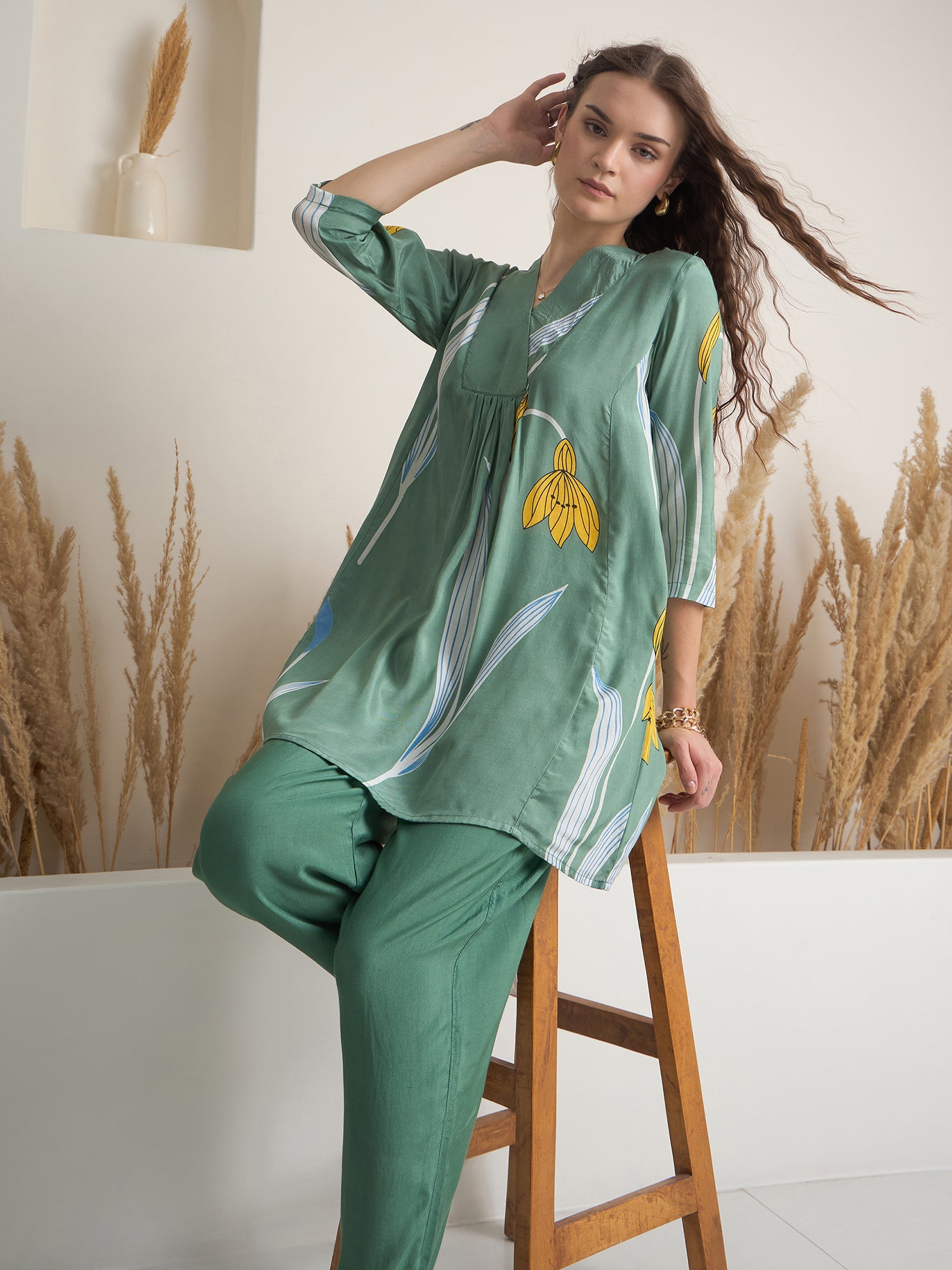 Green Color V-Neck Cotton Printed Co-Ords Set For Women