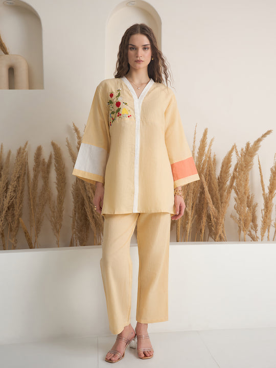 Beige V-Neck Linen Co-ords Set for Women