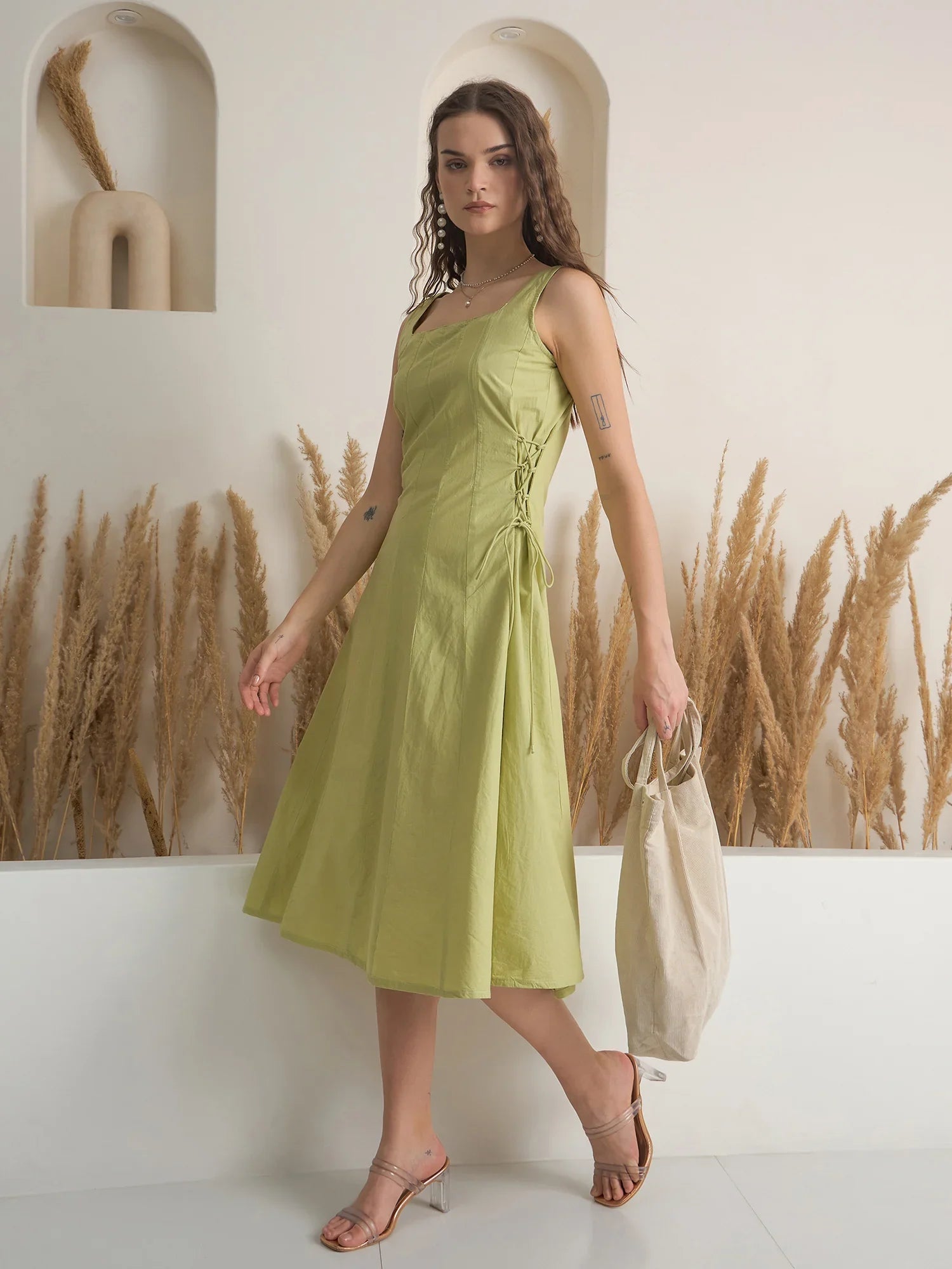 Green / S Green Color Cotton A-Line Solid Dress For Women