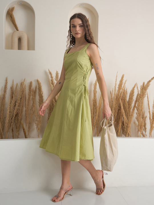Green Color Cotton A-Line Solid Dress for Women