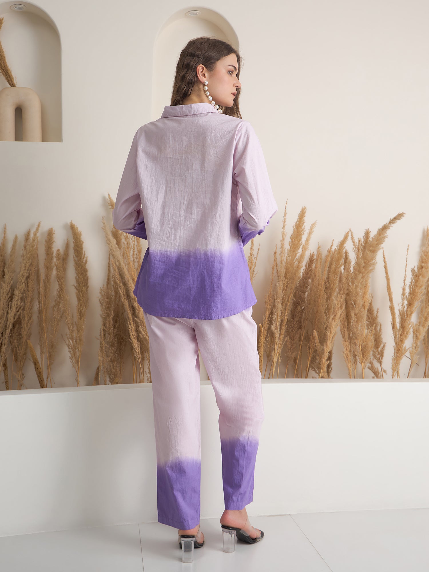Purple Color Shirt Collar Pure Cotton Dyed Co-ords Set for Women