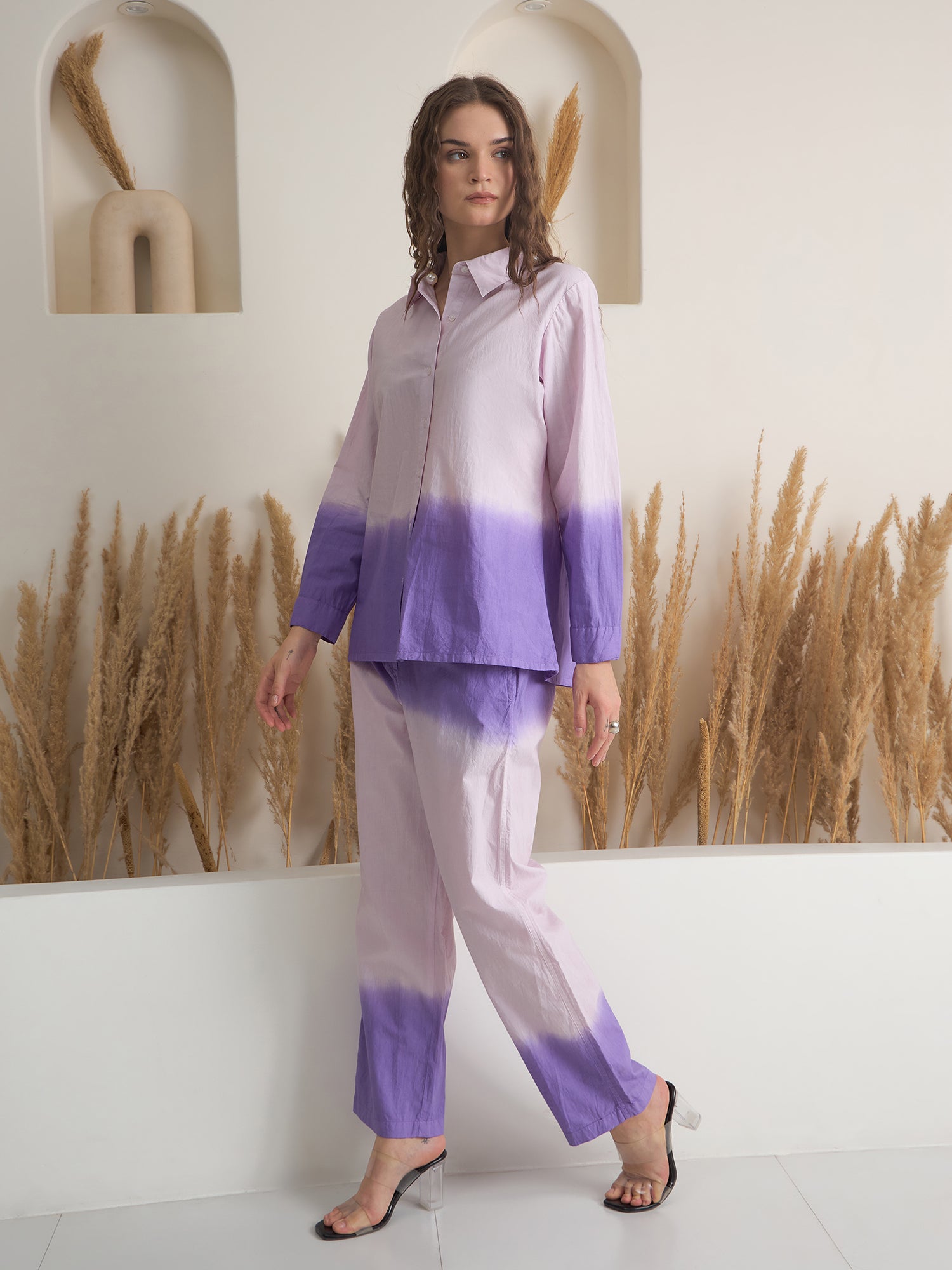 Purple Color Shirt Collar Pure Cotton Dyed Co-ords Set for Women