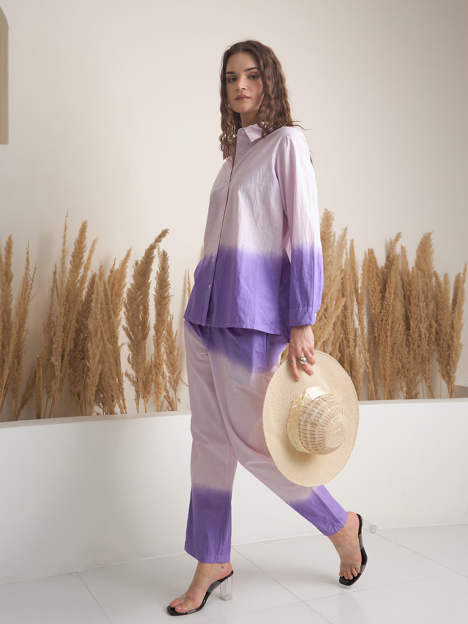 Purple Color Shirt Collar Pure Cotton Dyed Co-ords Set for Women