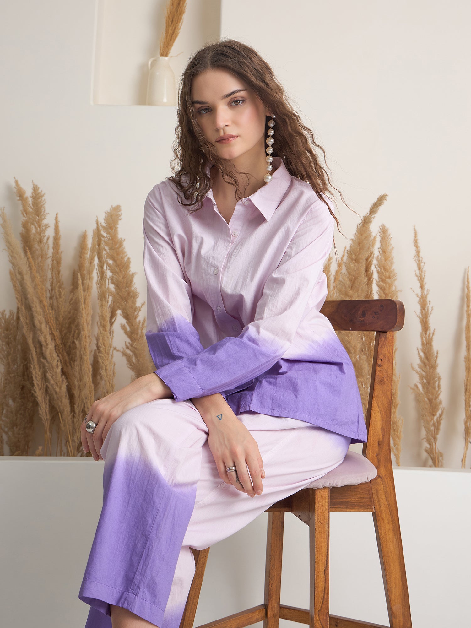 Purple Color Shirt Collar Pure Cotton Dyed Co-ords Set for Women