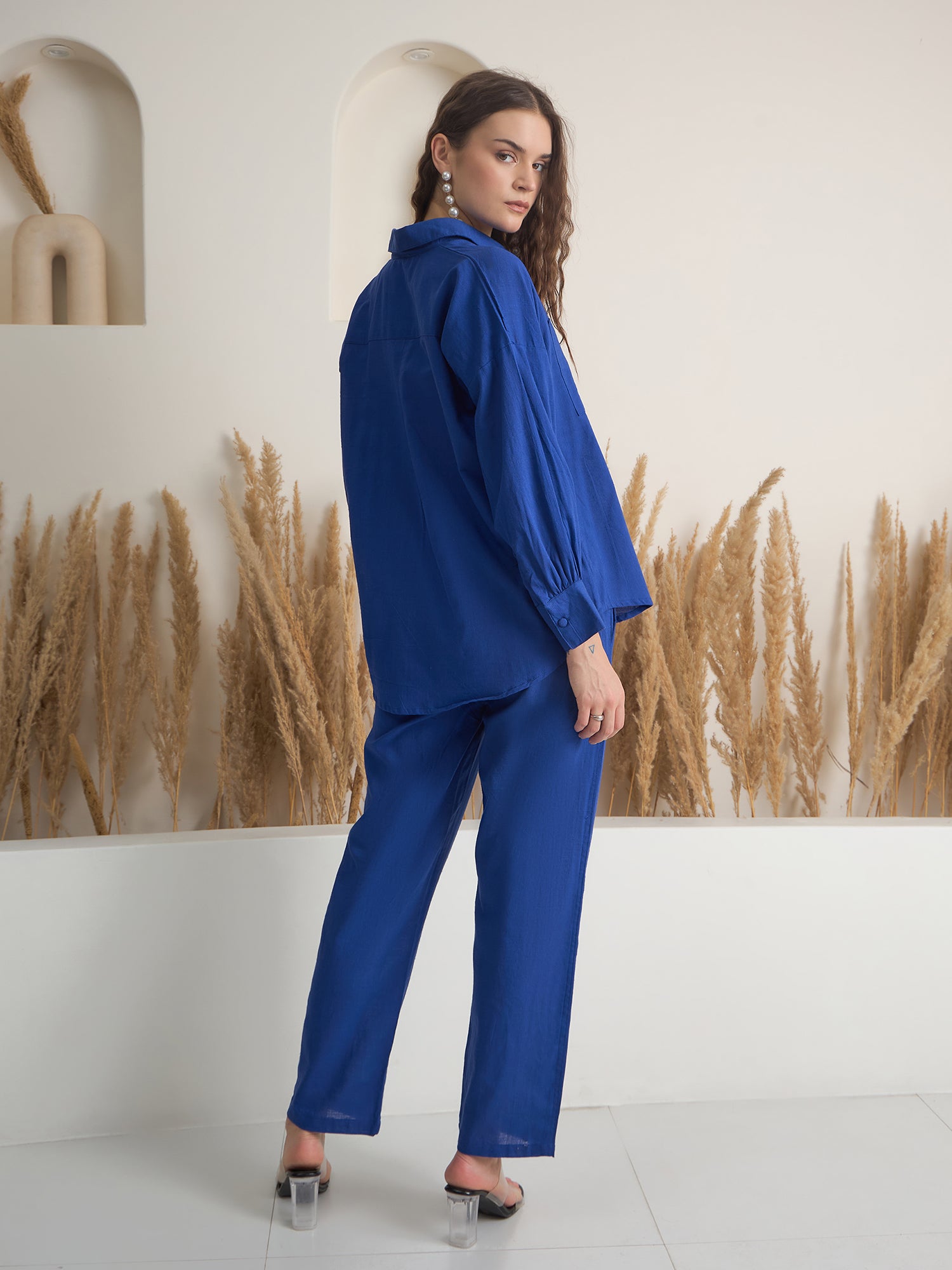 Blue Shirt Collar Pure Cotton Shirt Solid Co-ords Set for Women