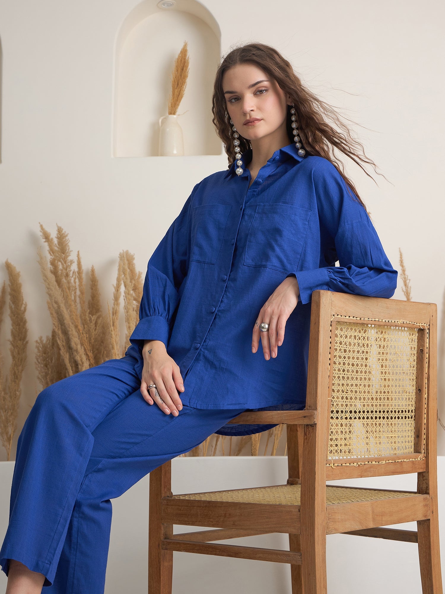 Blue Shirt Collar Pure Cotton Shirt Solid Co-ords Set for Women