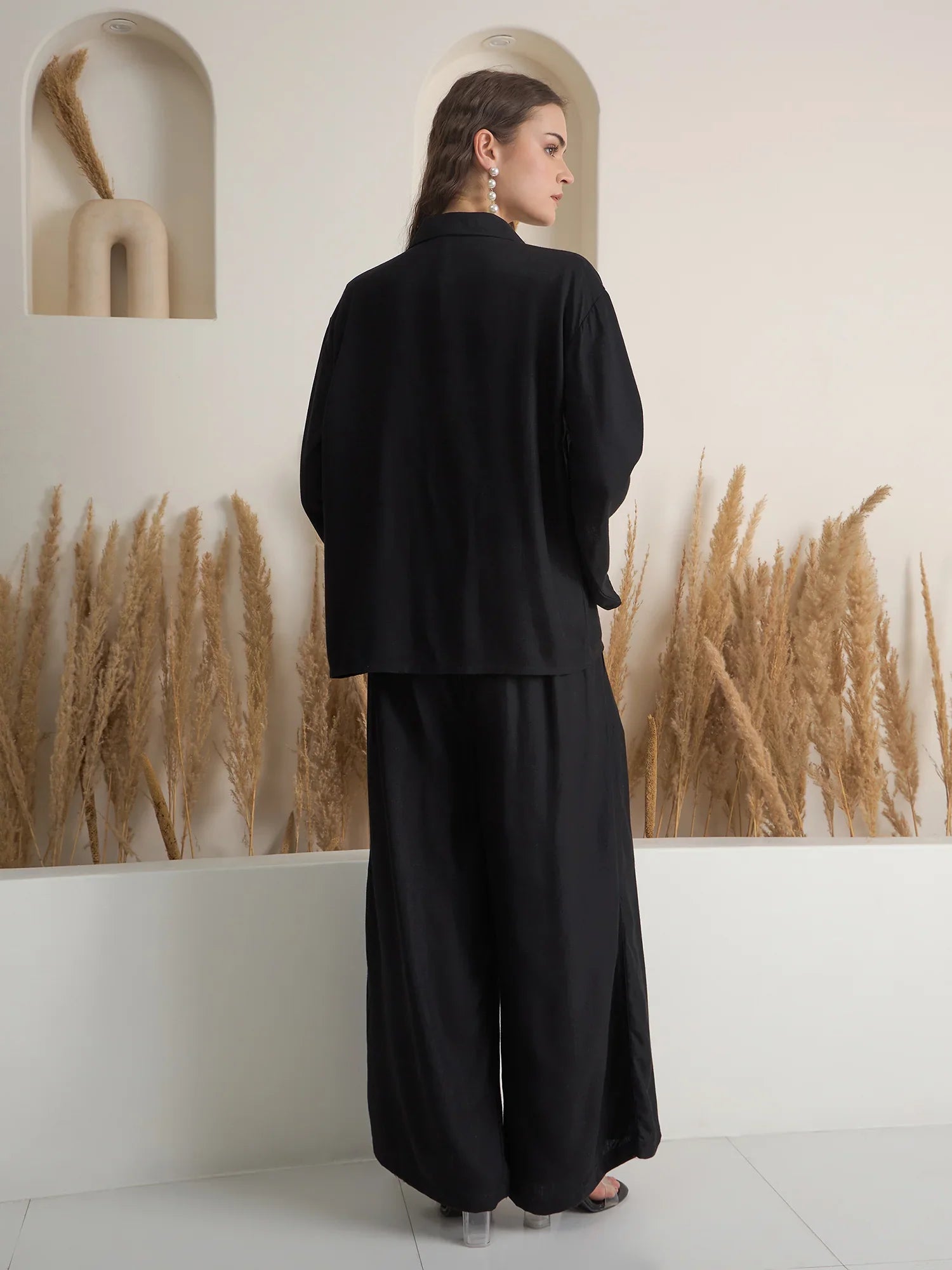 Black Solid Shirt Collar Co-Ord Set for Women - SanskrutiHomes 