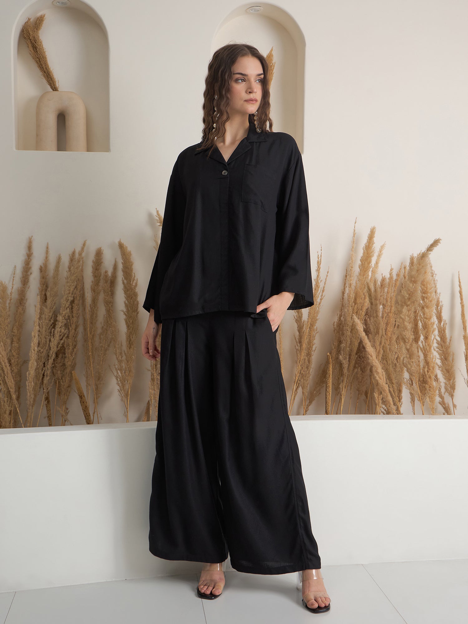 Black Solid Shirt Collar Co-Ord Set for Women