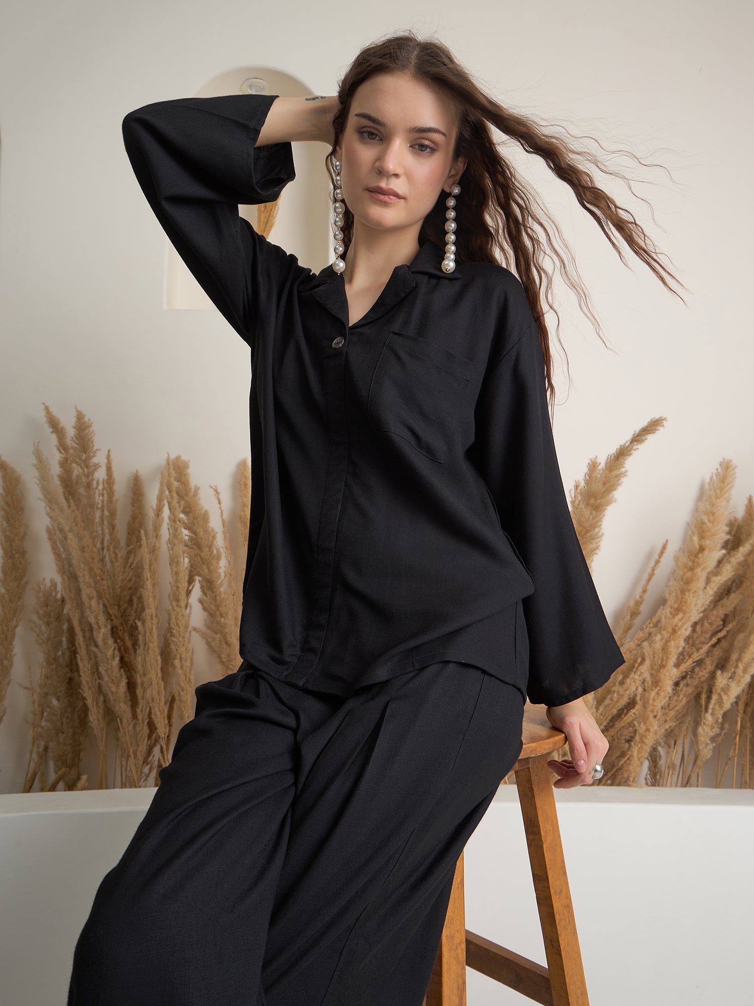 Black Solid Shirt Collar Co-Ord Set for Women