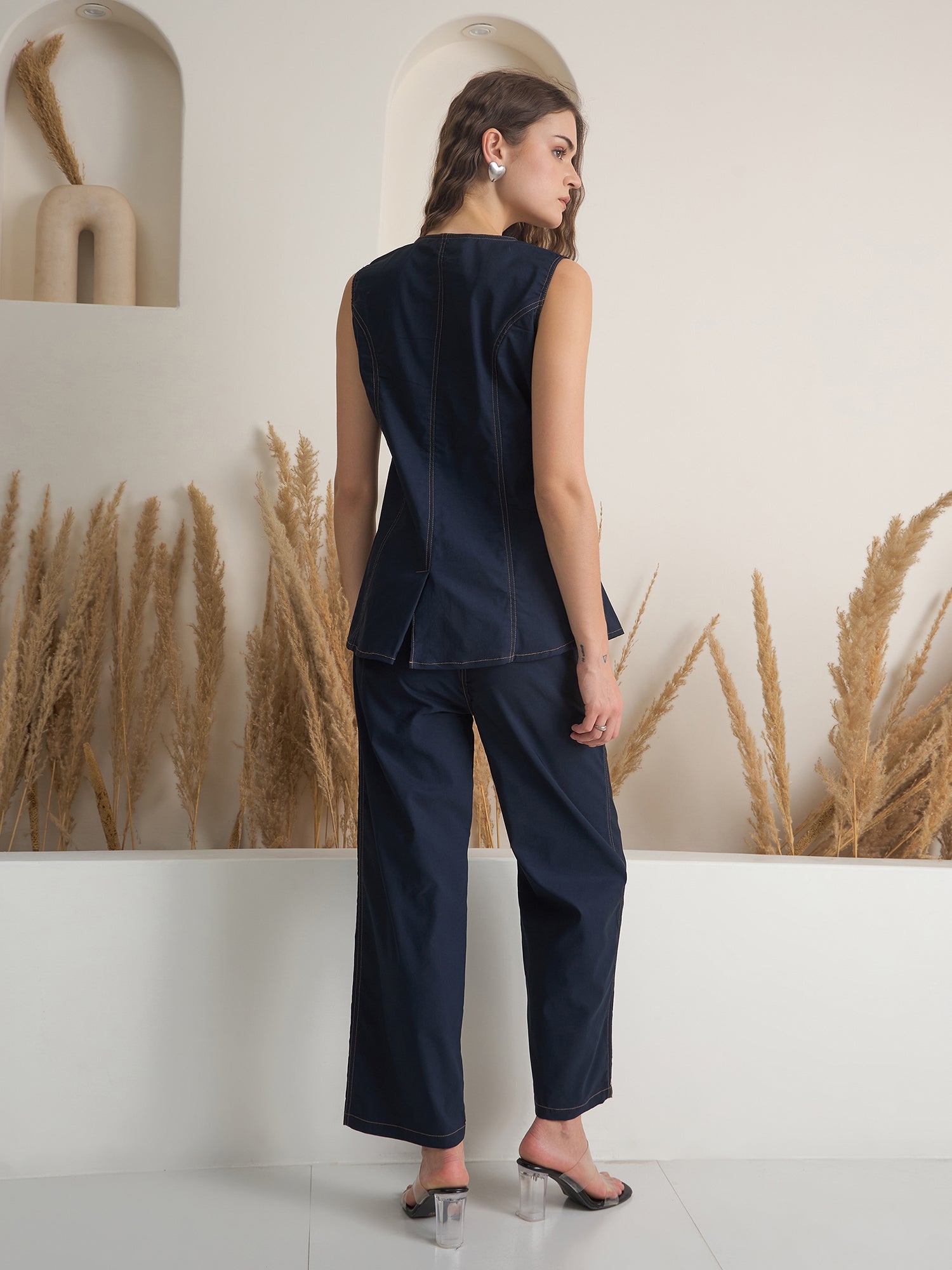 Navy Blue Denim Shirt Collar Pure Cotton Top Dyed Co-ords Set for Women - SanskrutiHomes 