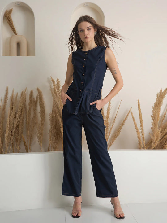 Navy Blue Denim Shirt Collar Pure Cotton Top Dyed Co-ords Set for Women - SanskrutiHomes 