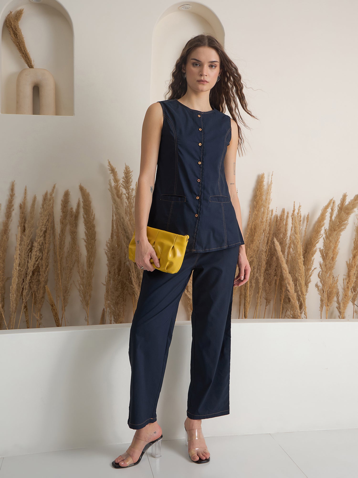 Navy Blue Shirt Collar Pure Cotton Top Dyed Co-ords Set for Women