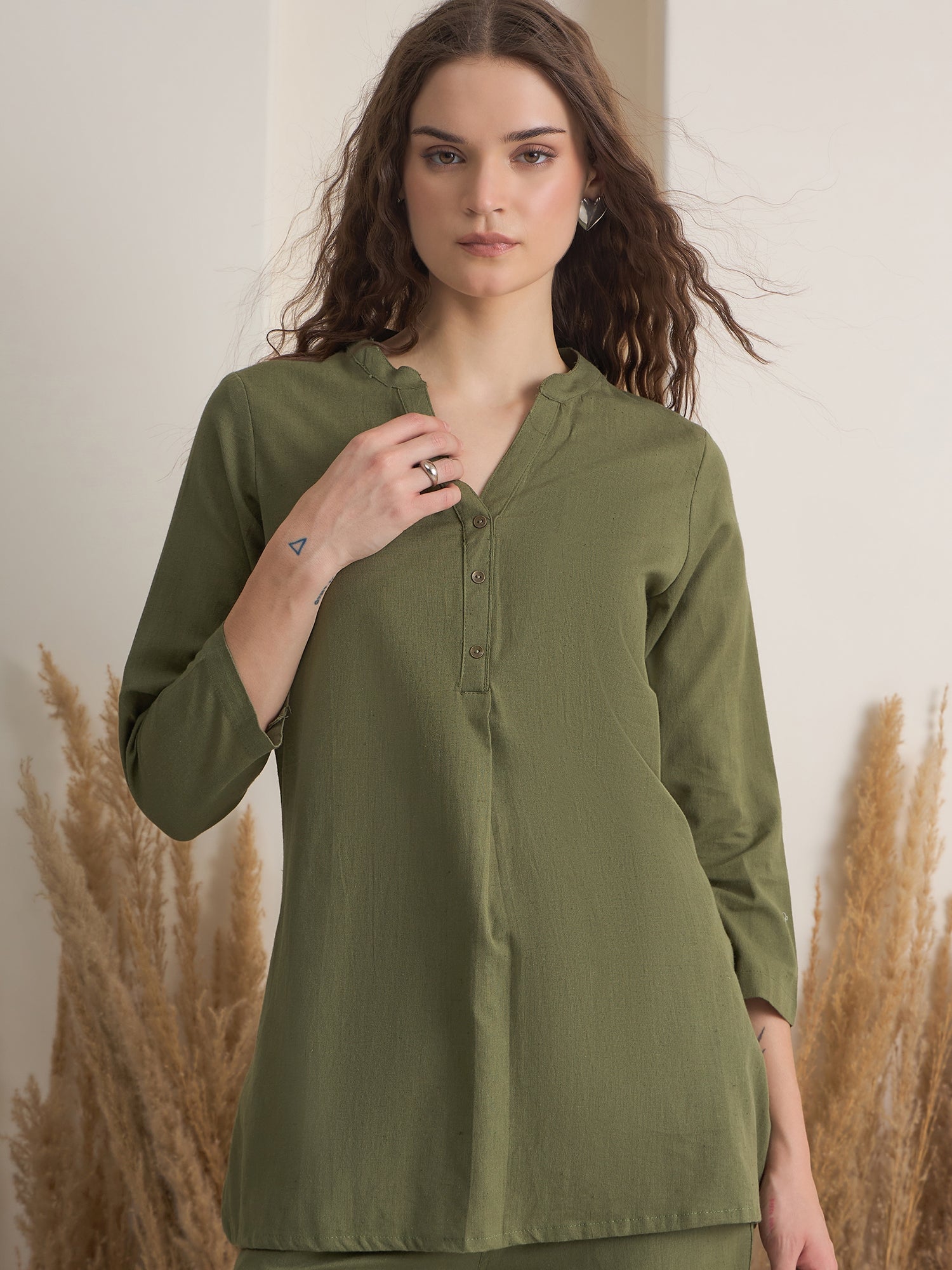 Olive V Neck Pure Cotton Solid Night Suit for Women - SanskrutiHomes 