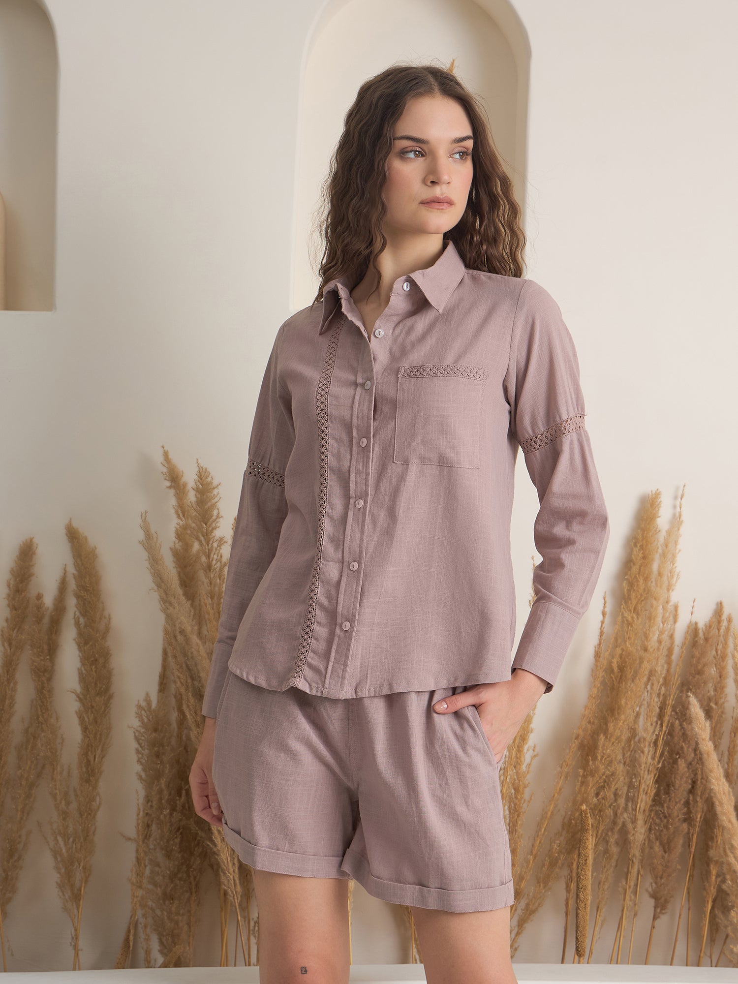 Mauve Color Shirt Collar Pure Cotton Dyed Co-ords Set for Women