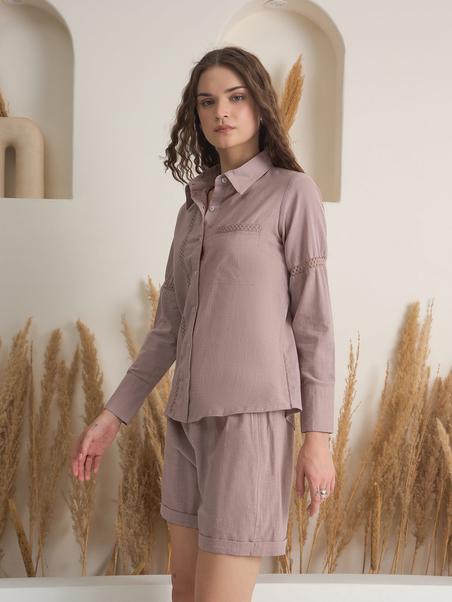 Mauve Color Shirt Collar Pure Cotton Dyed Co-ords Set for Women