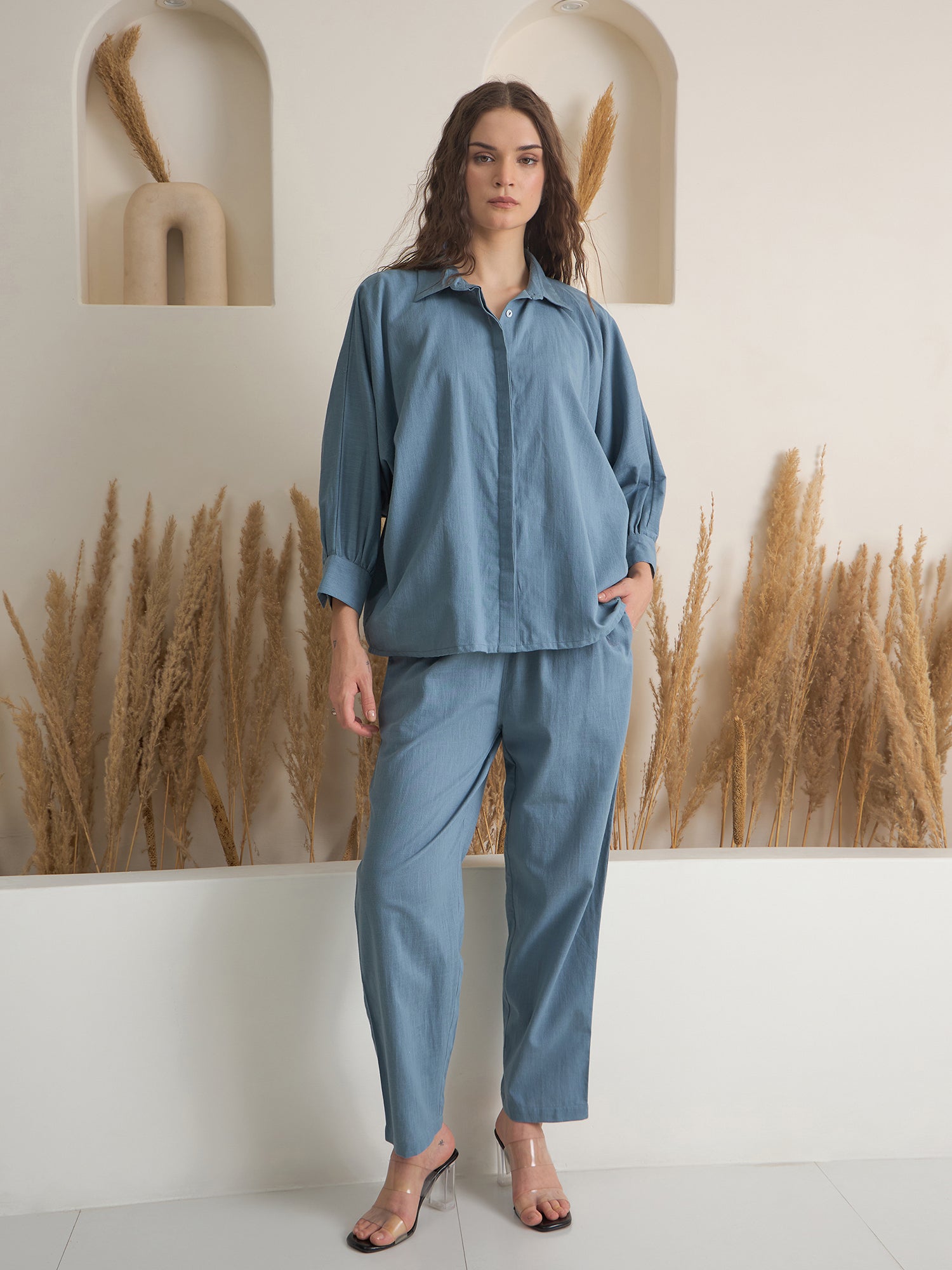 Blue Shirt Collar Pure Cotton Solid Night Suit for Women
