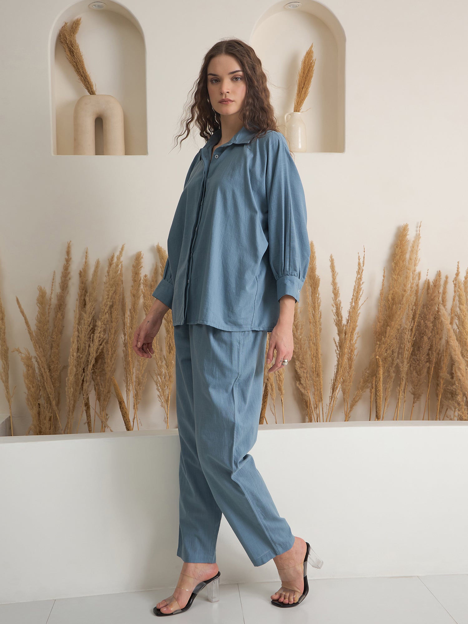 Blue Shirt Collar Pure Cotton Solid Night Suit for Women