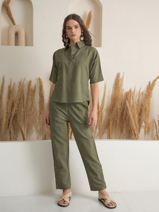 Olive Shirt Collar Viscose Rayon Co-ords Set for Women