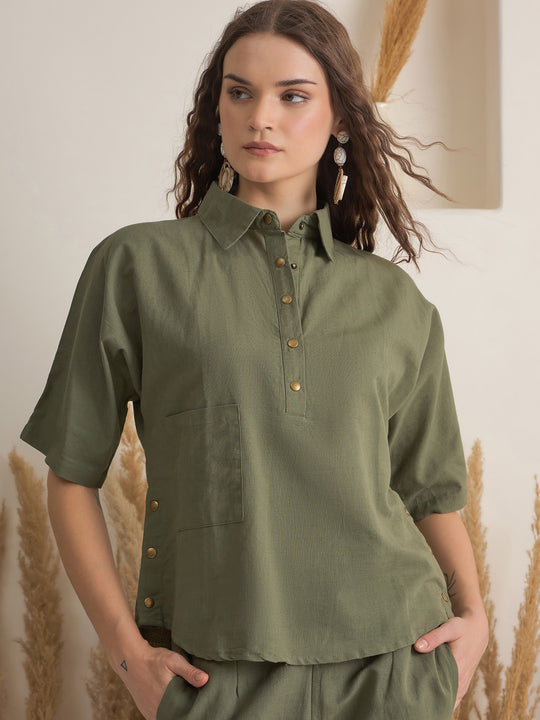 Olive Shirt Collar Viscose Rayon Co-ords Set for Women