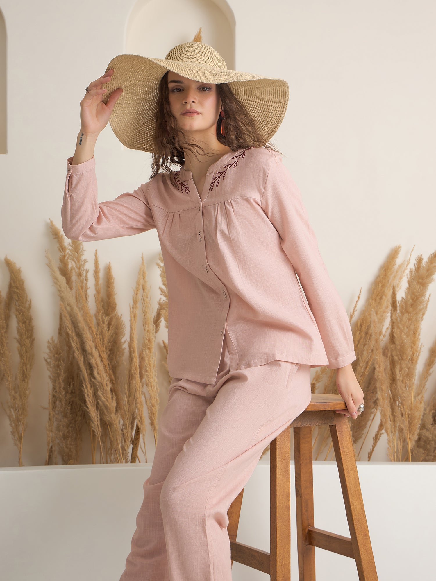 Peach Round Neck Pure Cotton Solid Night Suit for Women