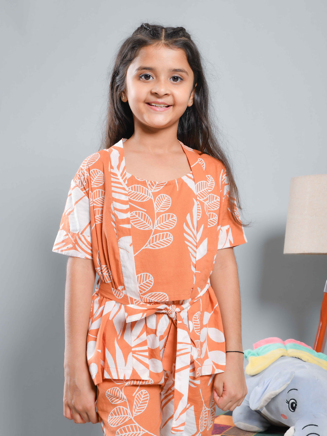 Set of 3 Floral Printed Orange Kids Night Suit Set