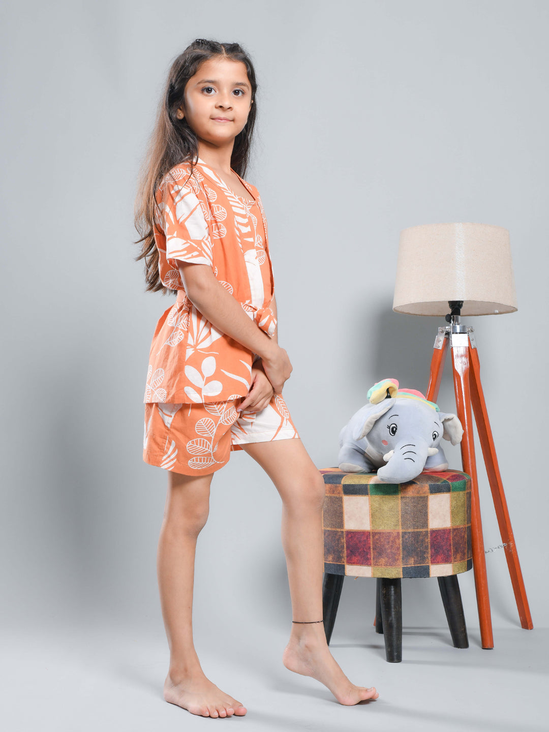 Set Of 3 Floral Printed Orange Kids Night Suit Set