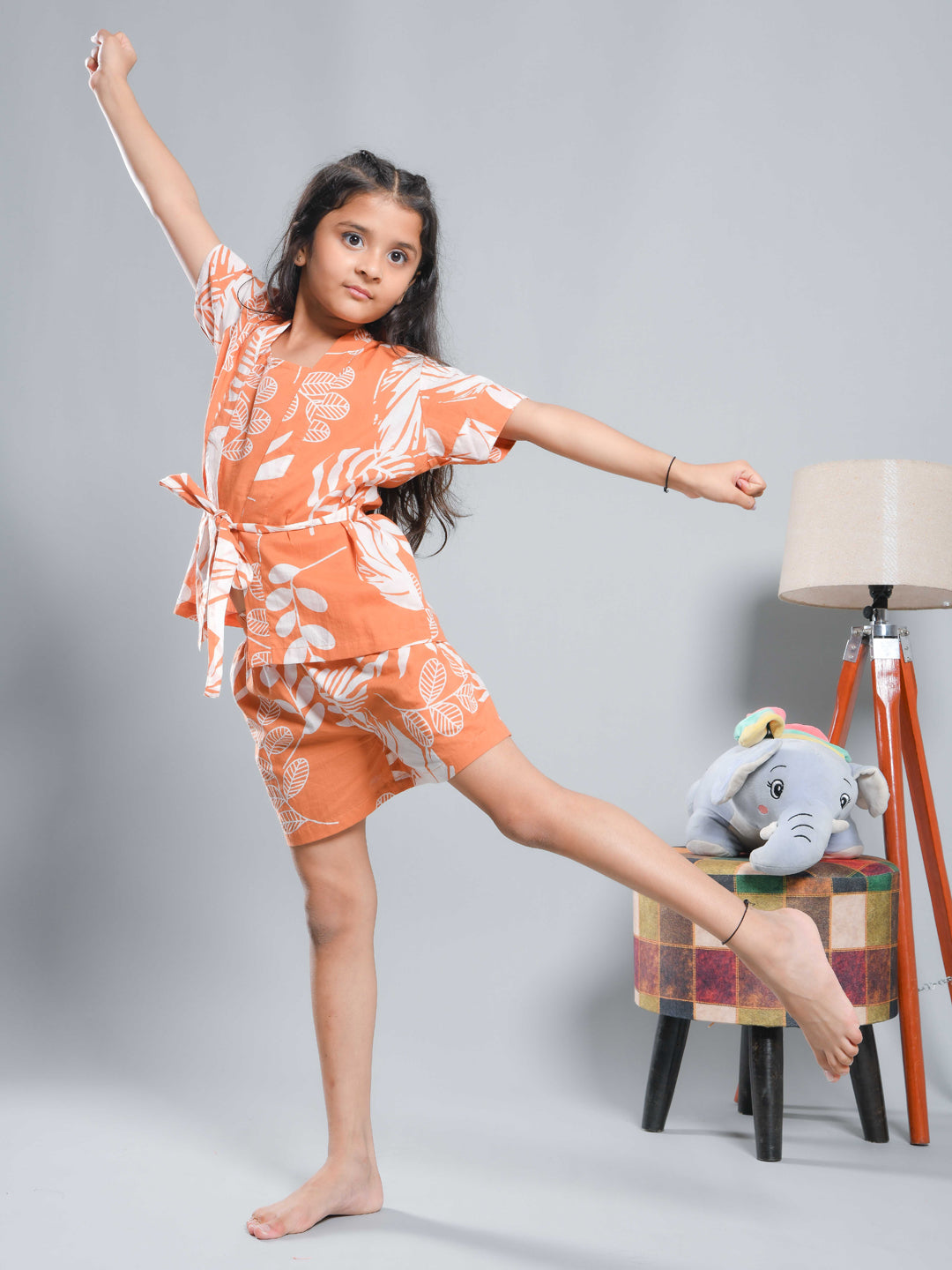 Set Of 3 Floral Printed Orange Kids Night Suit Set