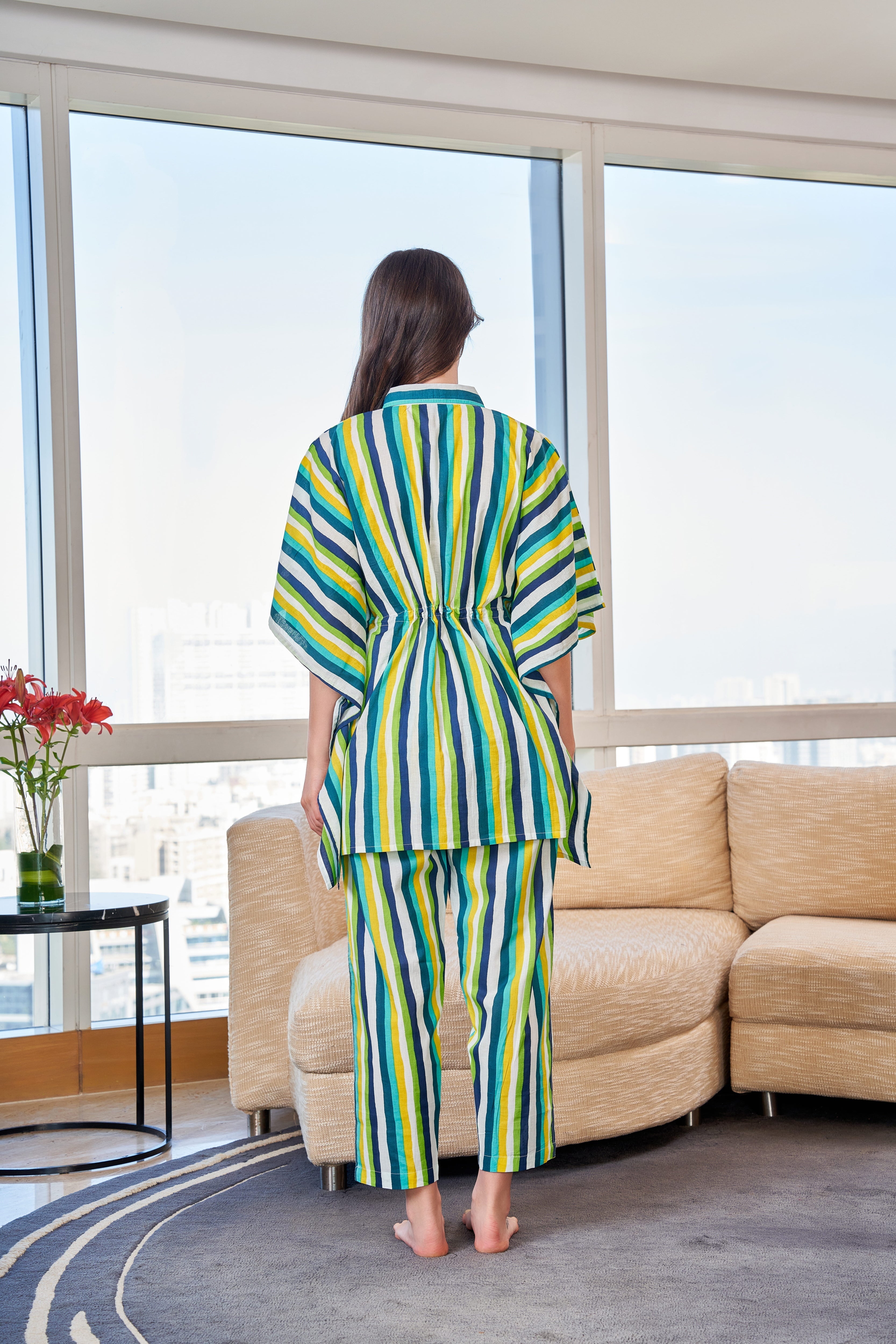 Green & White Striped Shirt Collar Pure Cotton Kaftan & Pyjama Night Suit For Women