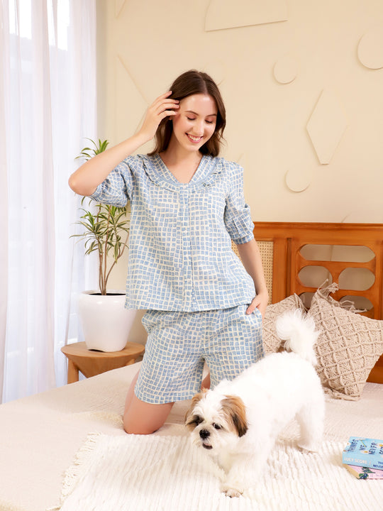 Checks Night Suit Set Top & Shorts