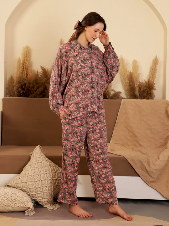 Floral Printed Full Sleeve Night Suit for Women