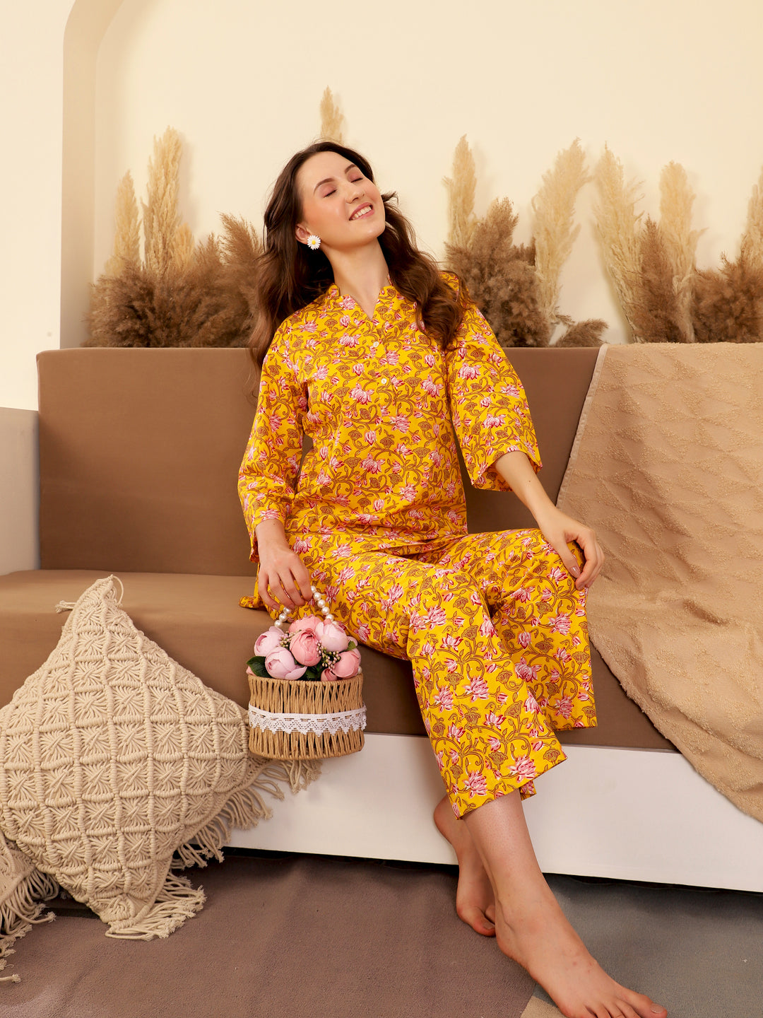Yellow Printed Cotton Night Suit Set