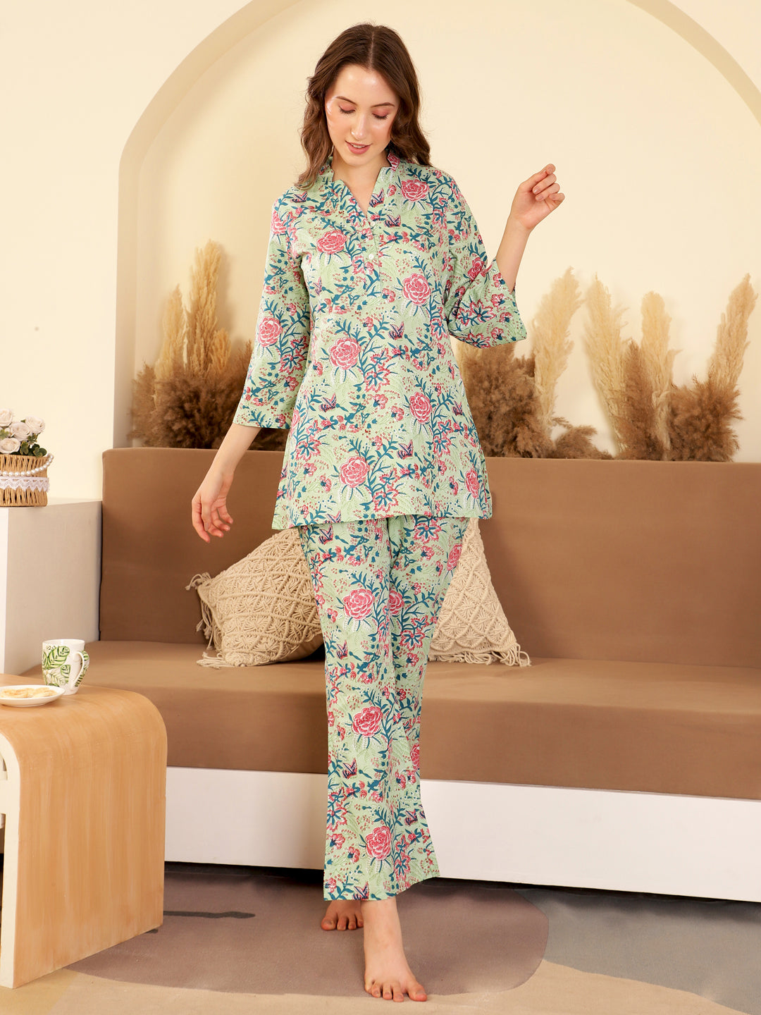 Green Color Printed V-Neck loungewear Set