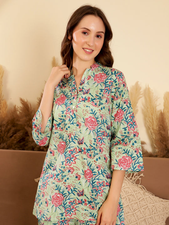 Green Color Printed V-Neck loungewear Set