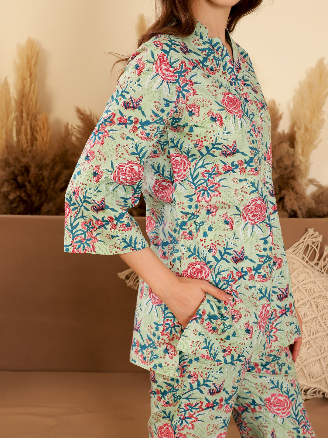 Green Color Printed V-Neck loungewear Set
