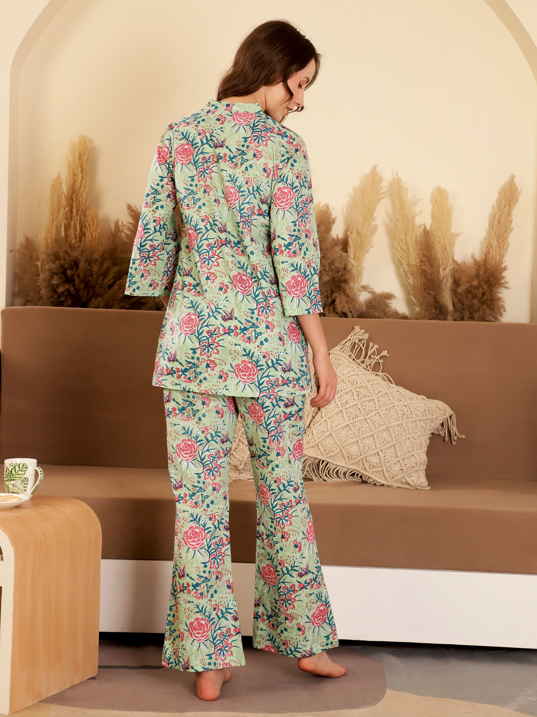 Green Color Printed V-Neck loungewear Set