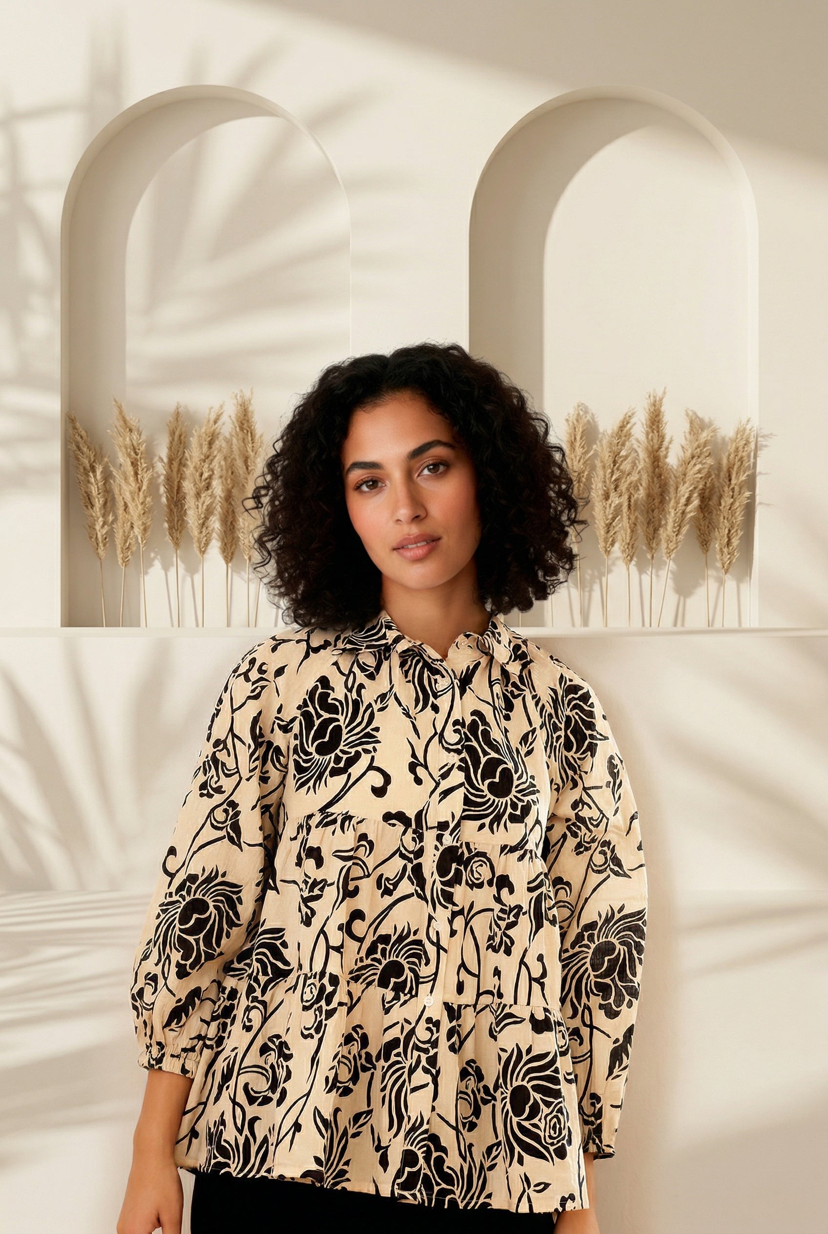 Black Shirt Collar Floral Print Cotton Night Suit For Women