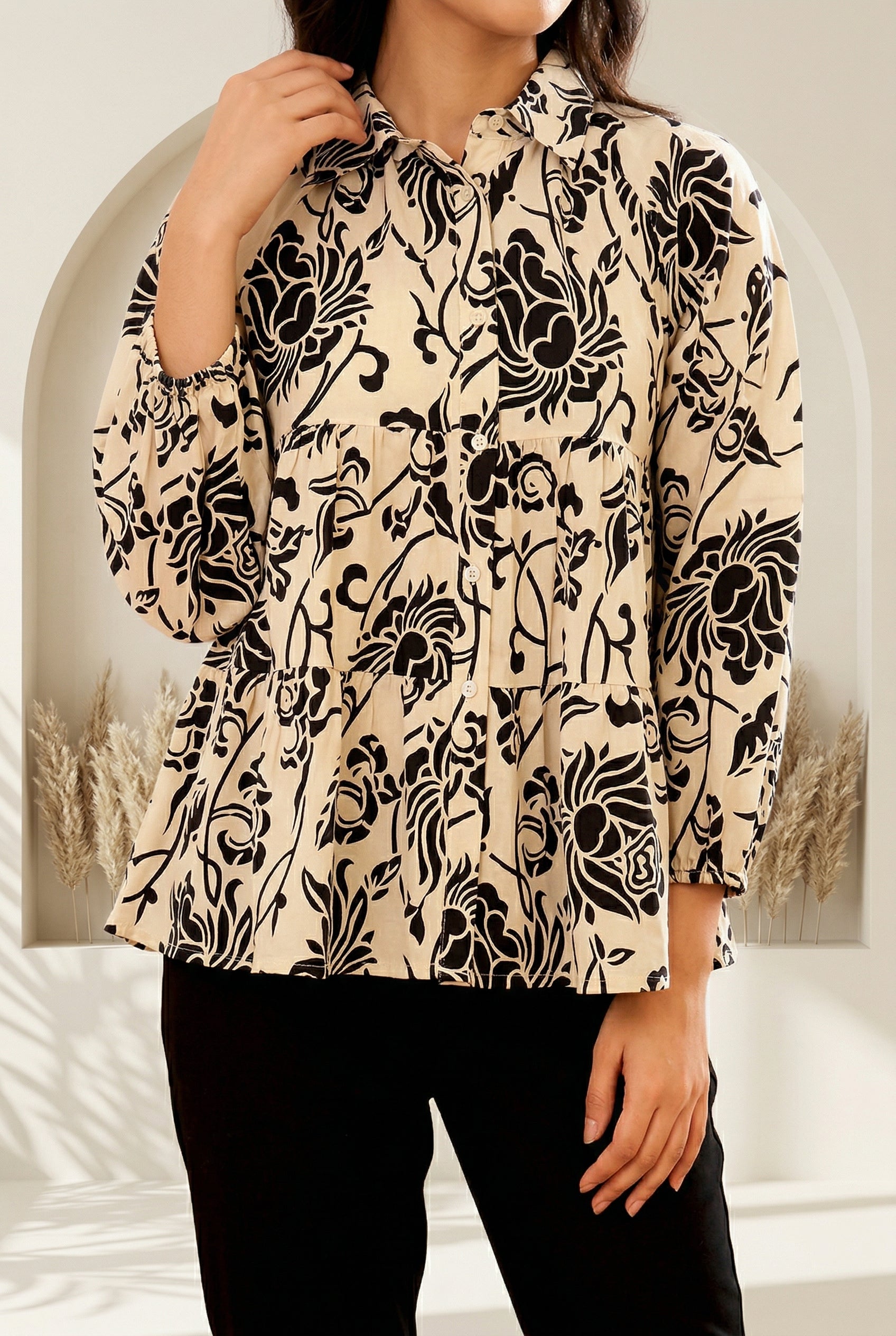 Black Shirt Collar Floral Print Cotton Night Suit For Women