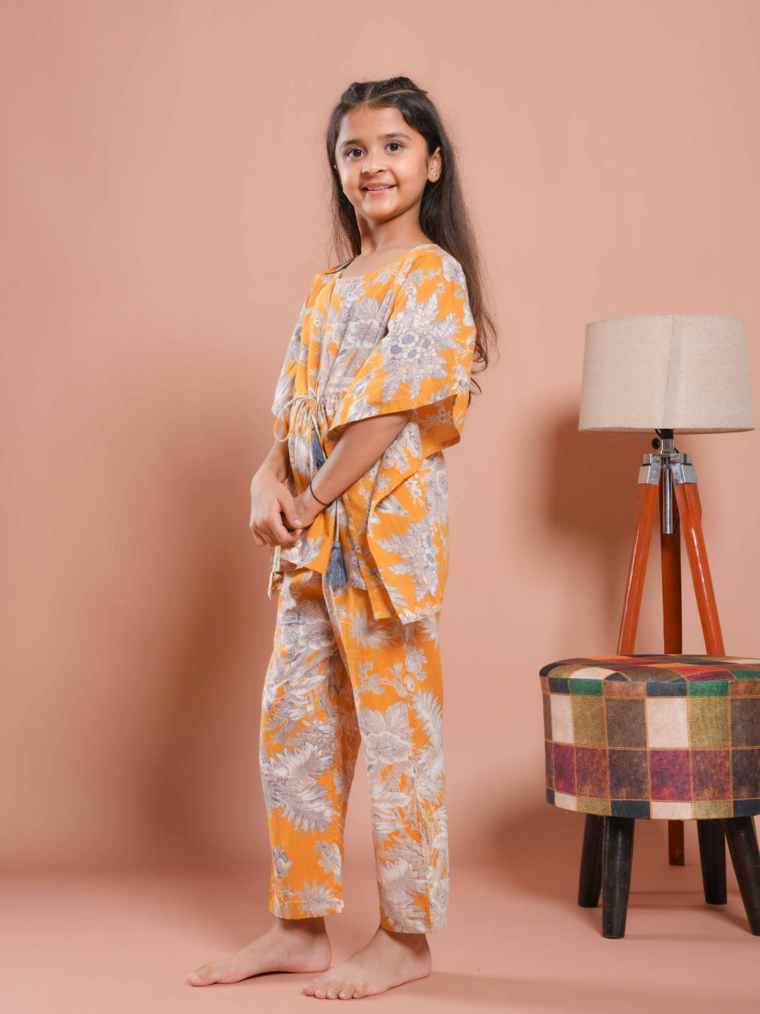 Mustard Floral Printed Kaftan Night Suit