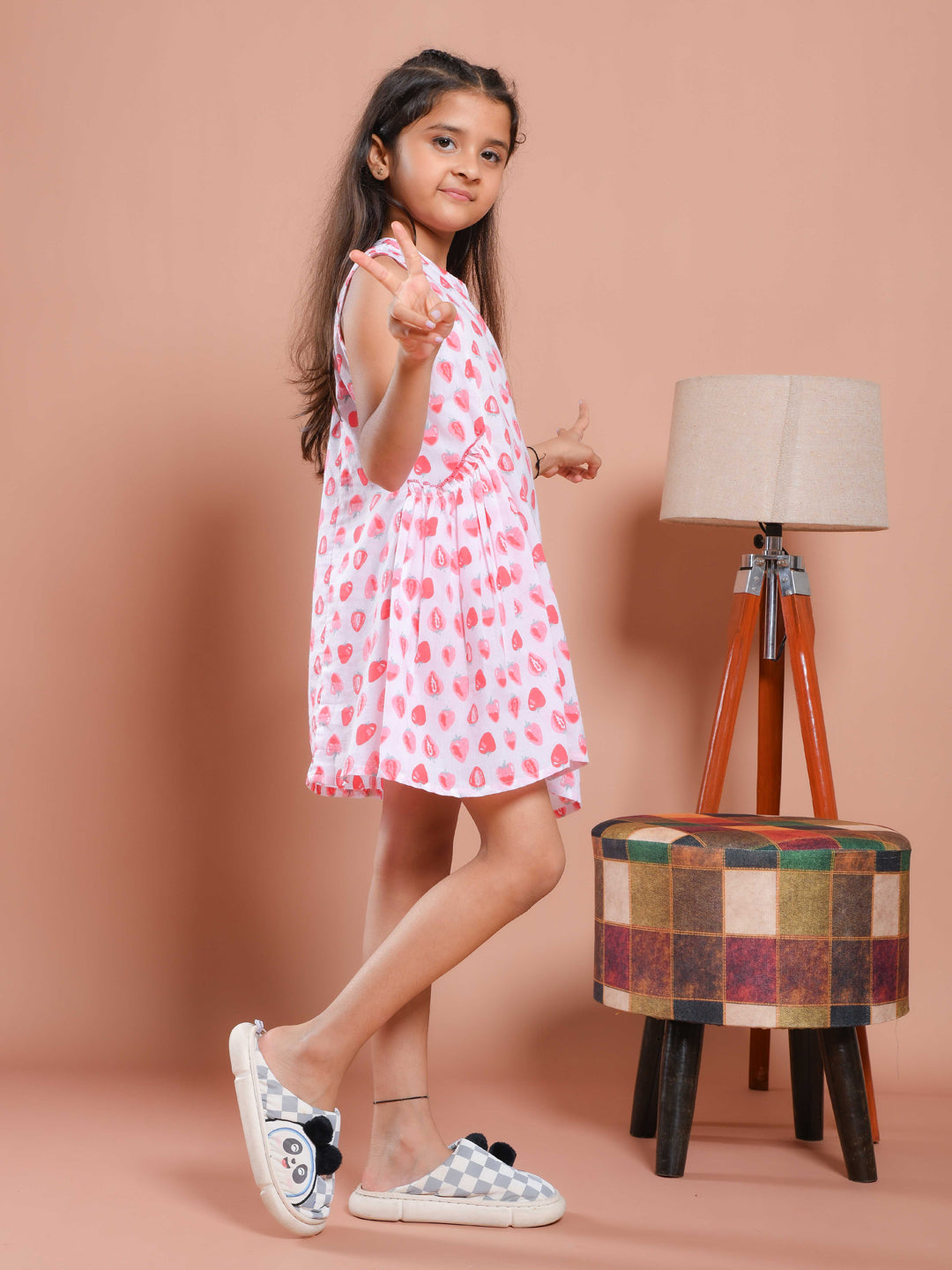 White Strawberry Printed Cotton Dress for Kids