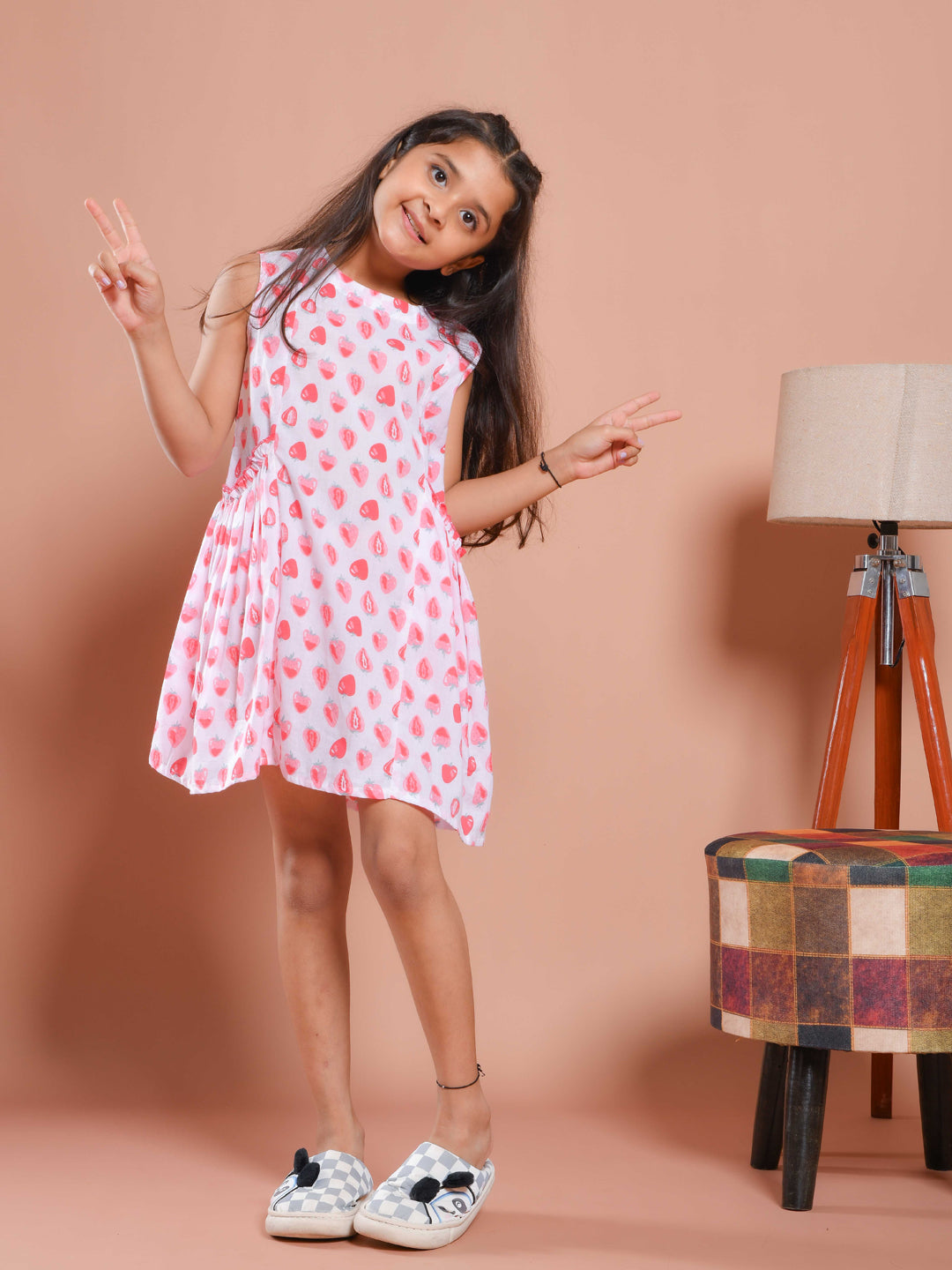 White Strawberry Printed Cotton Dress for Kids