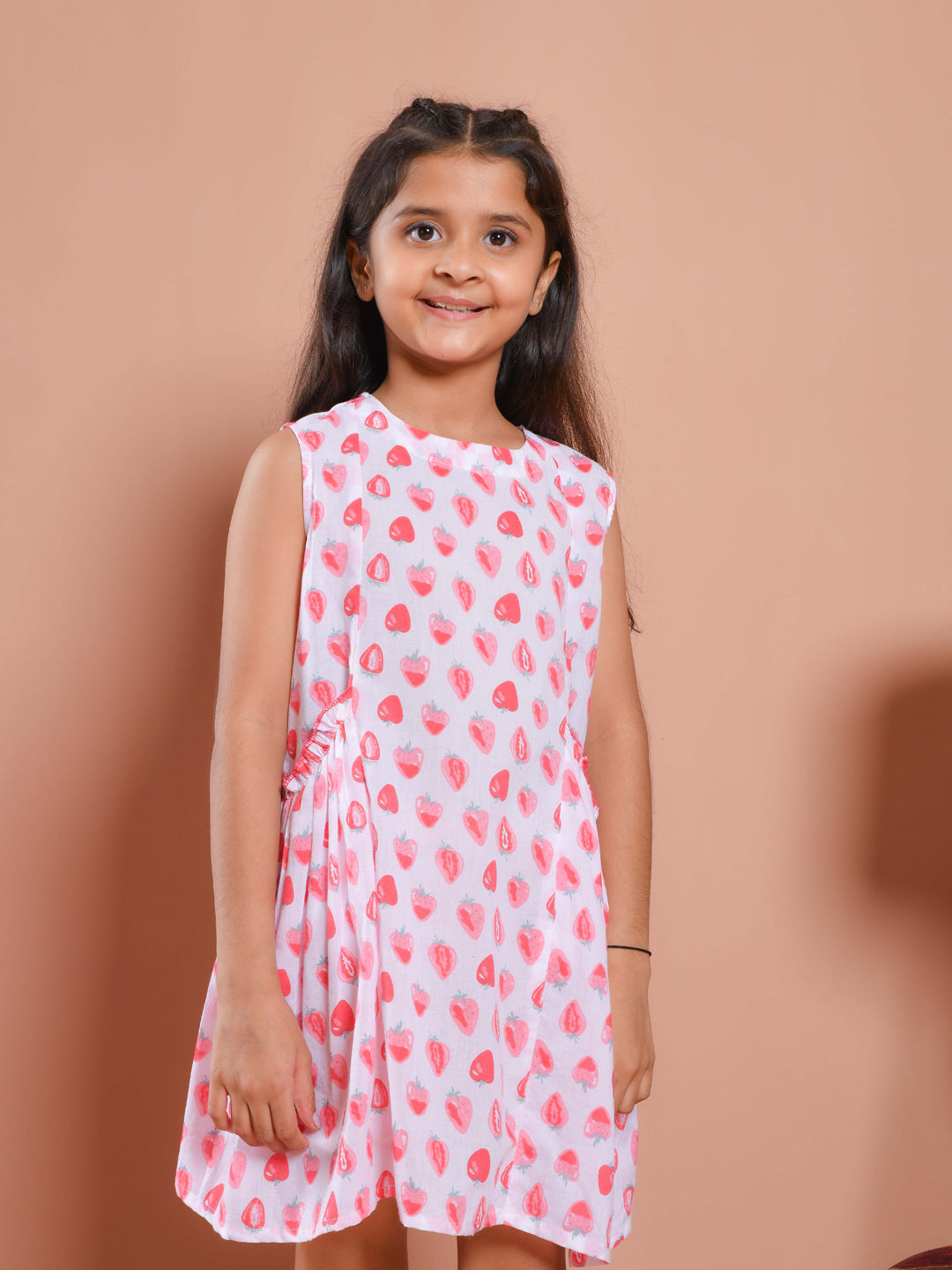 White Strawberry Printed Cotton Dress for Kids