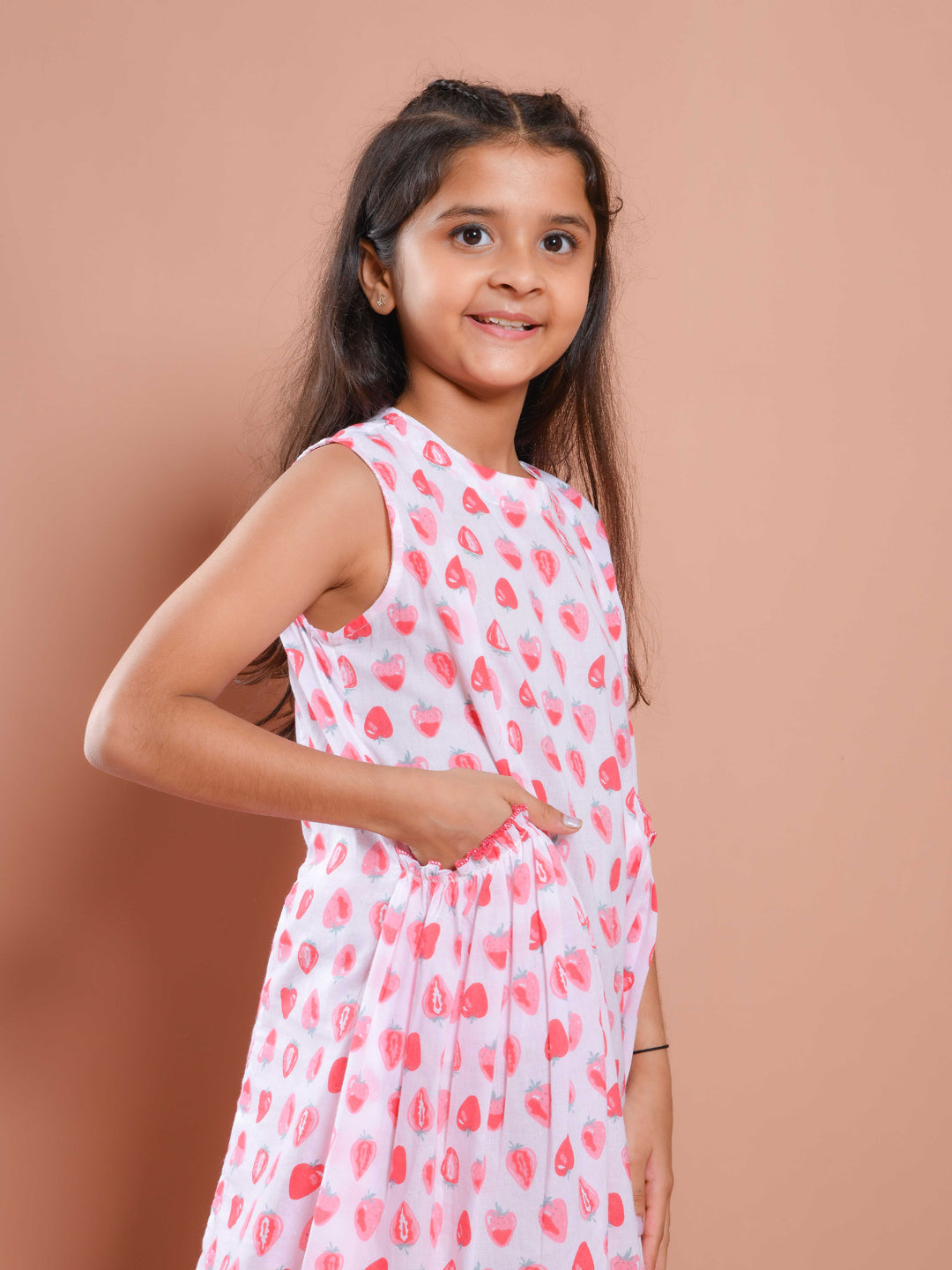 White Strawberry Printed Cotton Dress for Kids