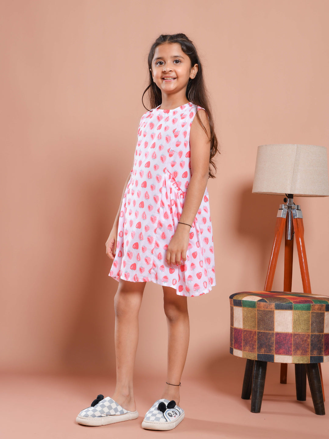 White Strawberry Printed Cotton Dress for Kids
