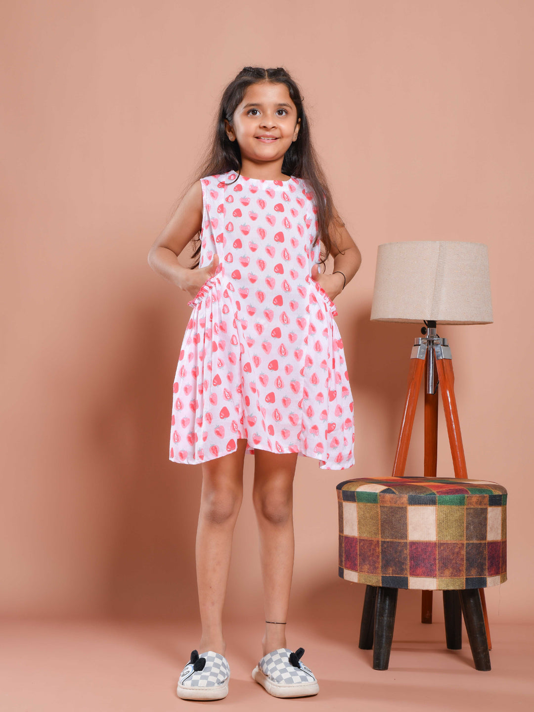 White Strawberry Printed Cotton Dress for Kids
